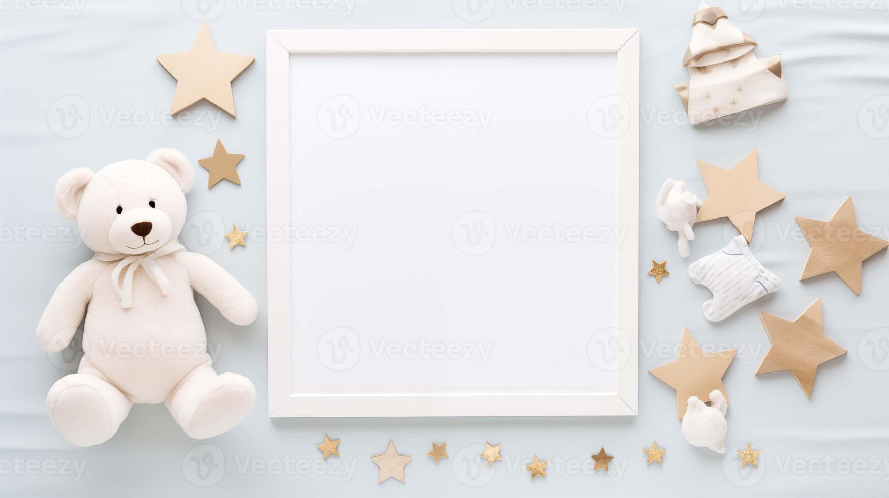 Accented with plush bear, stars crisp white frame mock up. Soft nursery decorations pictureframe mockup with blank space. Babyhood concept composition top view, border picture photo