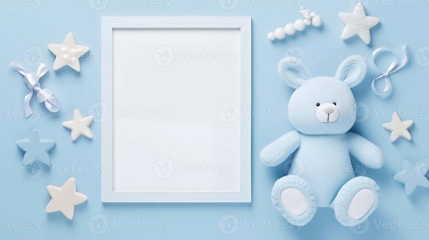 Plush rabbit with soft blue tones frame mock up. Nursery scene. Starry accents around pictureframe mockup with blank space. Babyhood concept composition top view, border picture photo