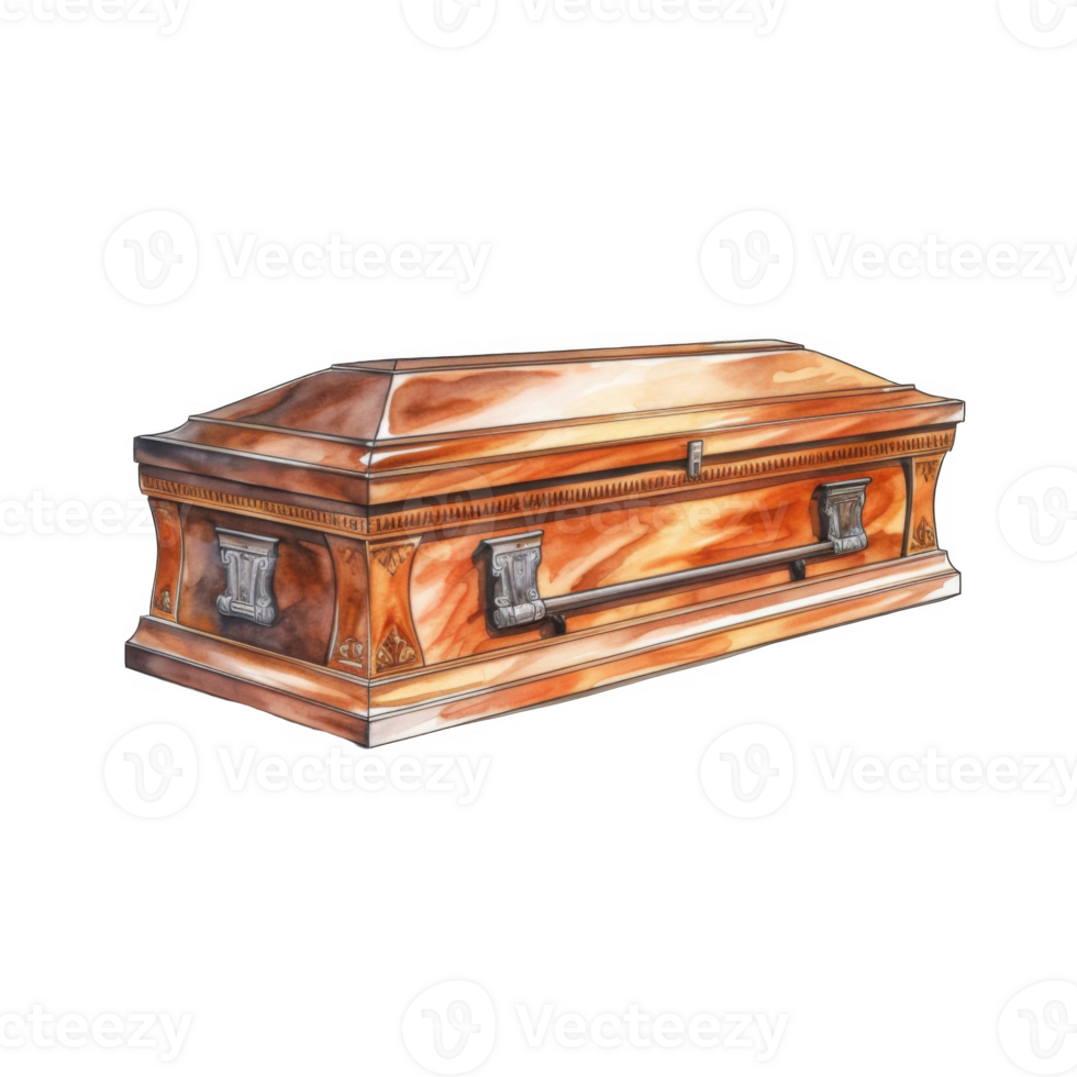 A closed wooden casket with ornate details and metal handles png