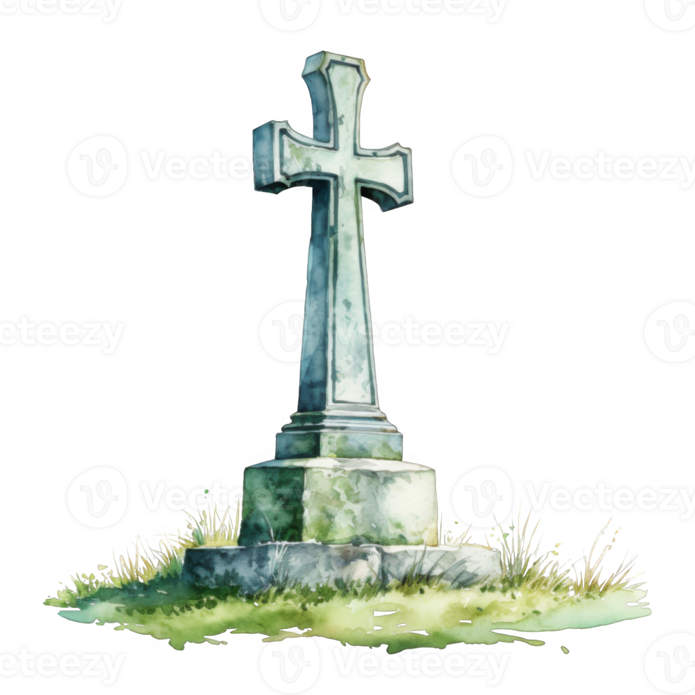 Stone cross tombstone in a grassy area png