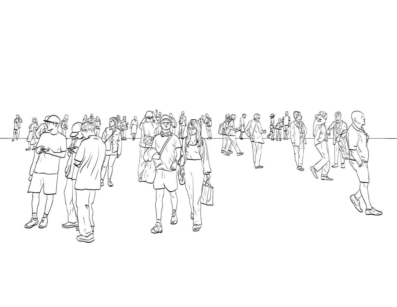 Crowd of Young and Old Tourist Walking and Standing Drawing vector