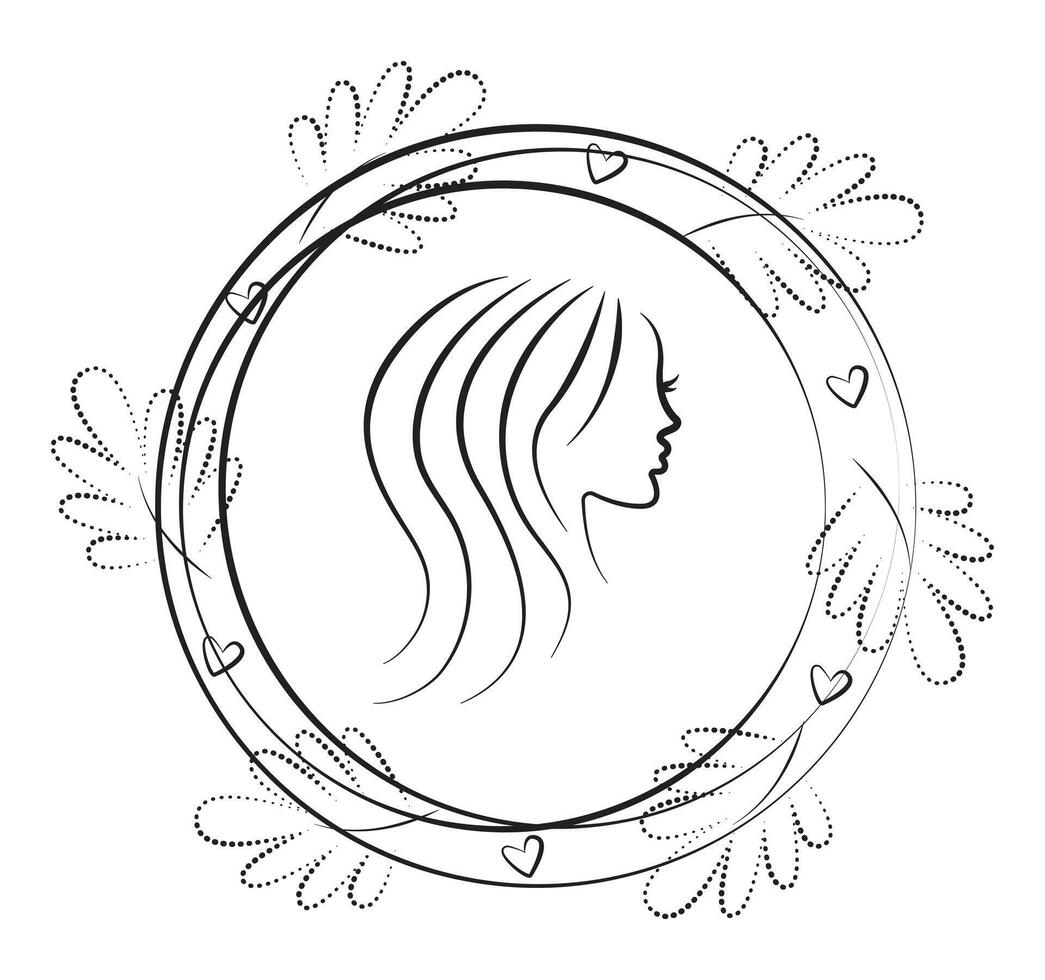 Female reflection in the mirror, woman face profile in the round frame, black line illustration vector