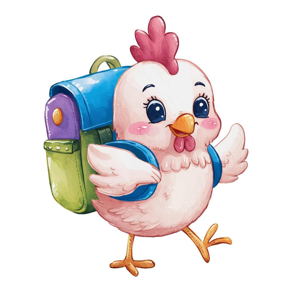 Watercolor hand drawn cute chicken wearing school backpack with isolated white background vector
