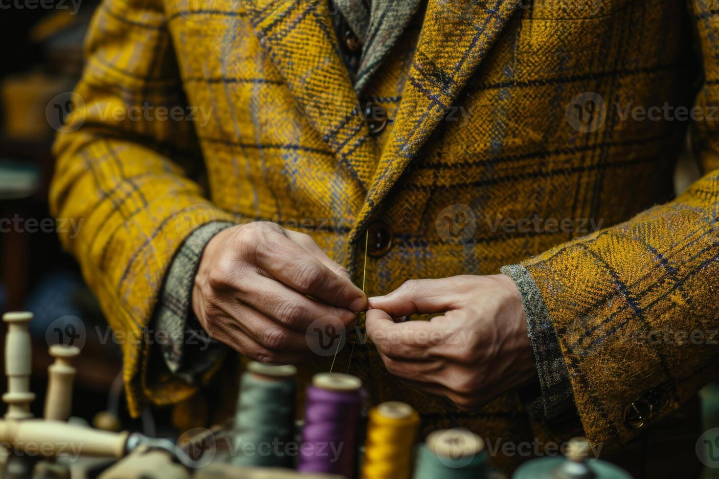 A man in a yellow jacket is tying a thread photo