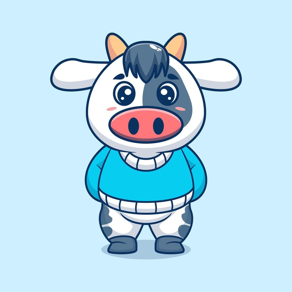 Cute cow creative kawaii wearing jacket cartoon icon vector