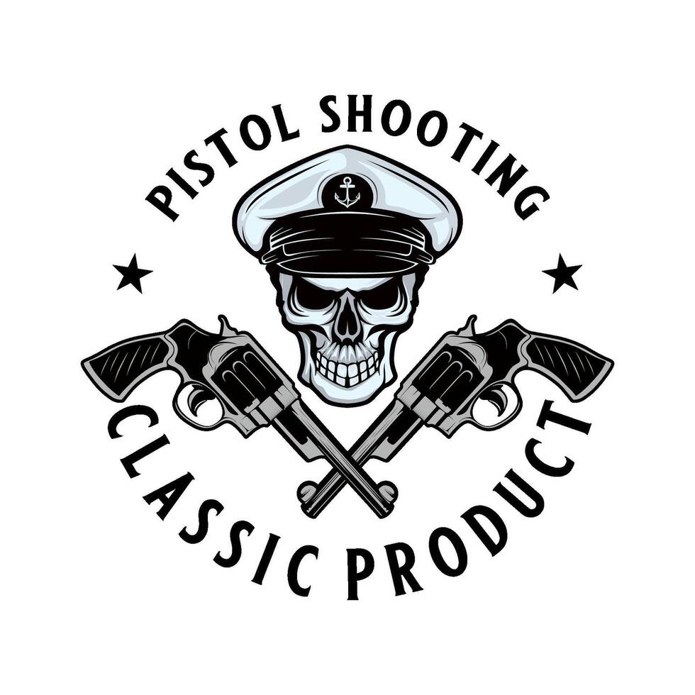 vintage gun logo design with skull concept between two pistols perfect for gun shop, gun repair or shooting club vector