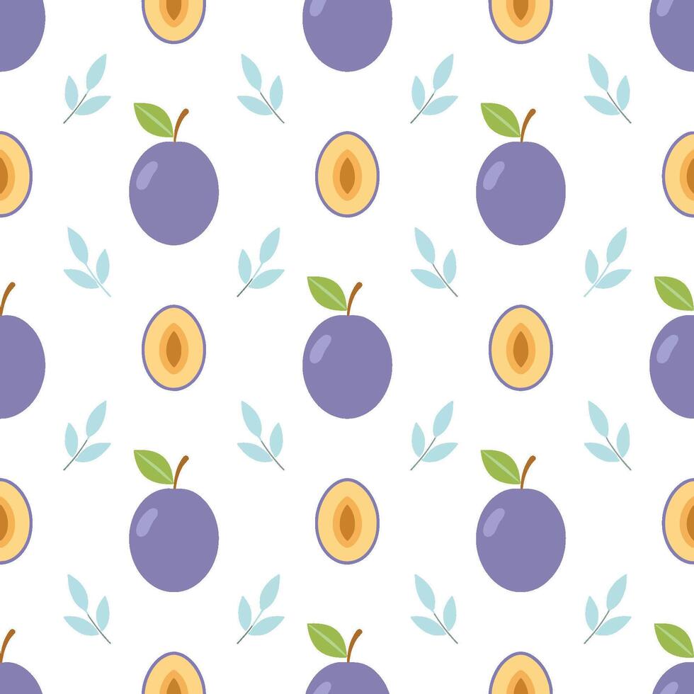 Seamless pattern of cute plum, white background vector