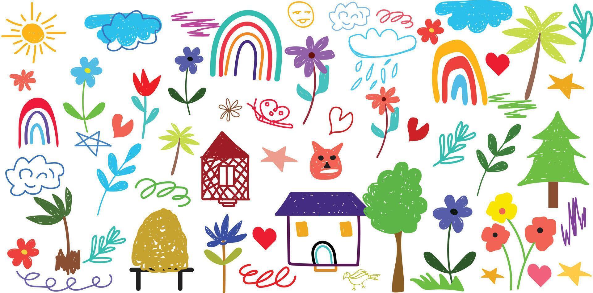 Cute kid scribble line flower, heart. rainbow background. Hand drawn doodle sketch childish element set. Flower, heart, cloud children draw style design elements background vector