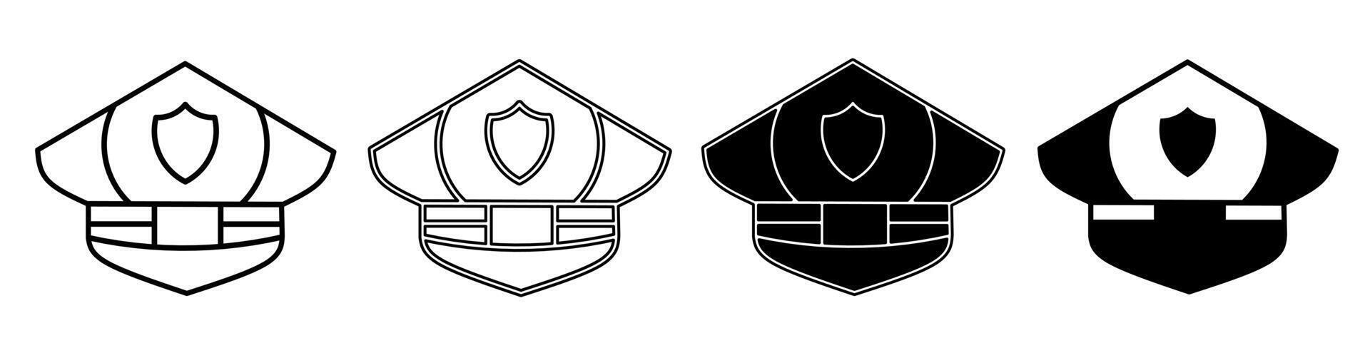 Black and white illustration of a police hat. Police hat icon collection with line. Stock illustration. vector