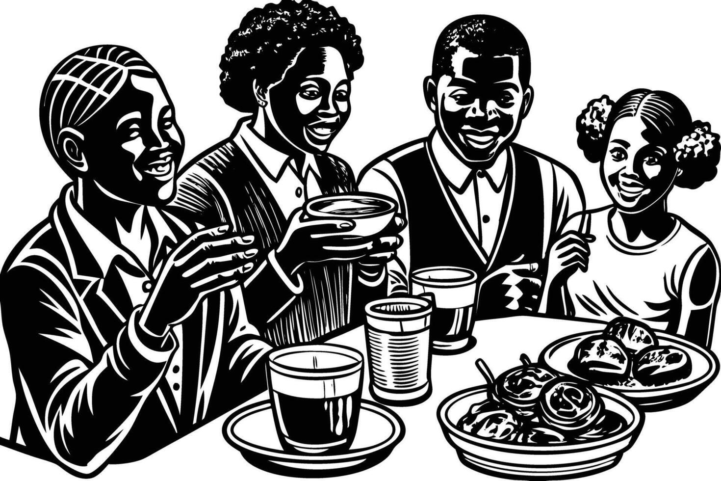 Black Families Eating Together Around the Dinner Table vector