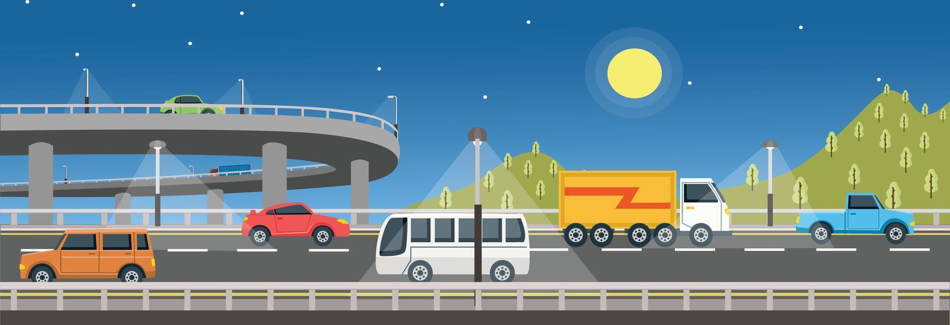 Flyover landscape at night art. Truck delivery service in highway. Hill at night view illustration. Transportation at night. vector