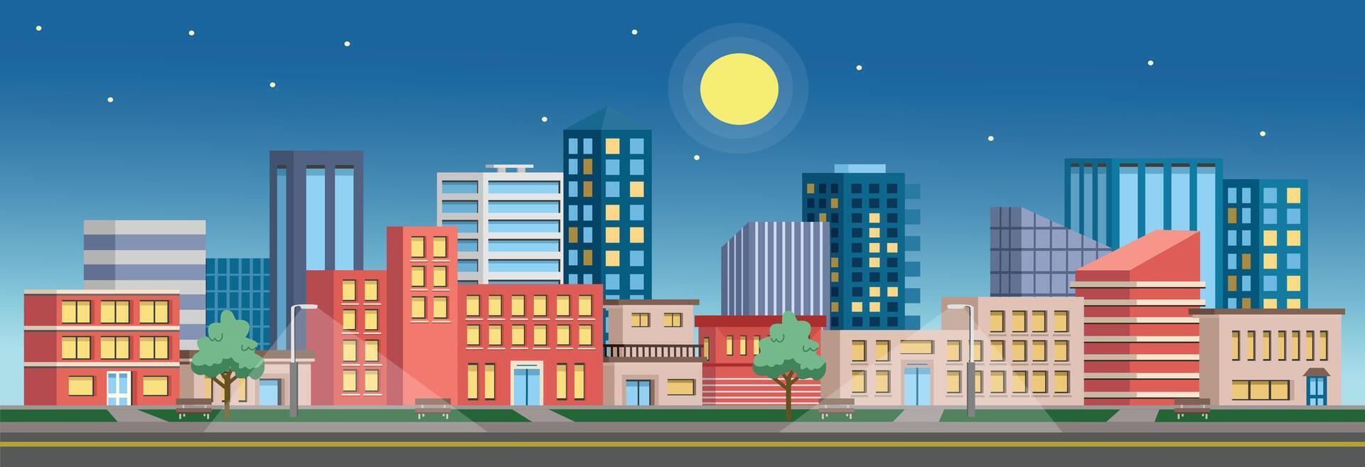 Urban city at night. Apartment landscape illustration. Building illustration. Night cityscape with moonlight view. Night city illustration. vector
