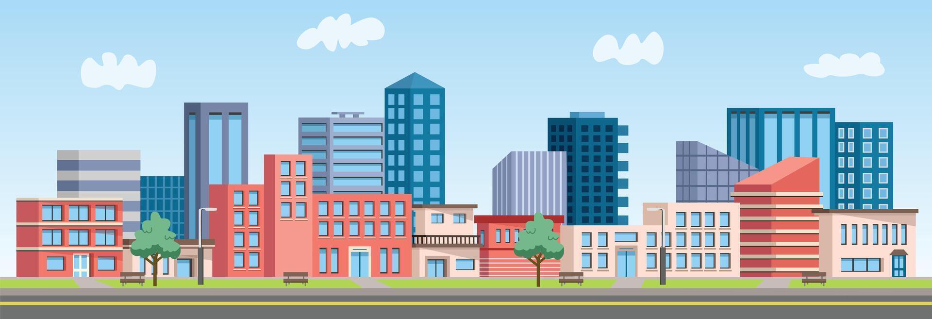 Urban city. Urban cityscape. Apartment building landscape. School illustration. Urban city park building landscape. vector