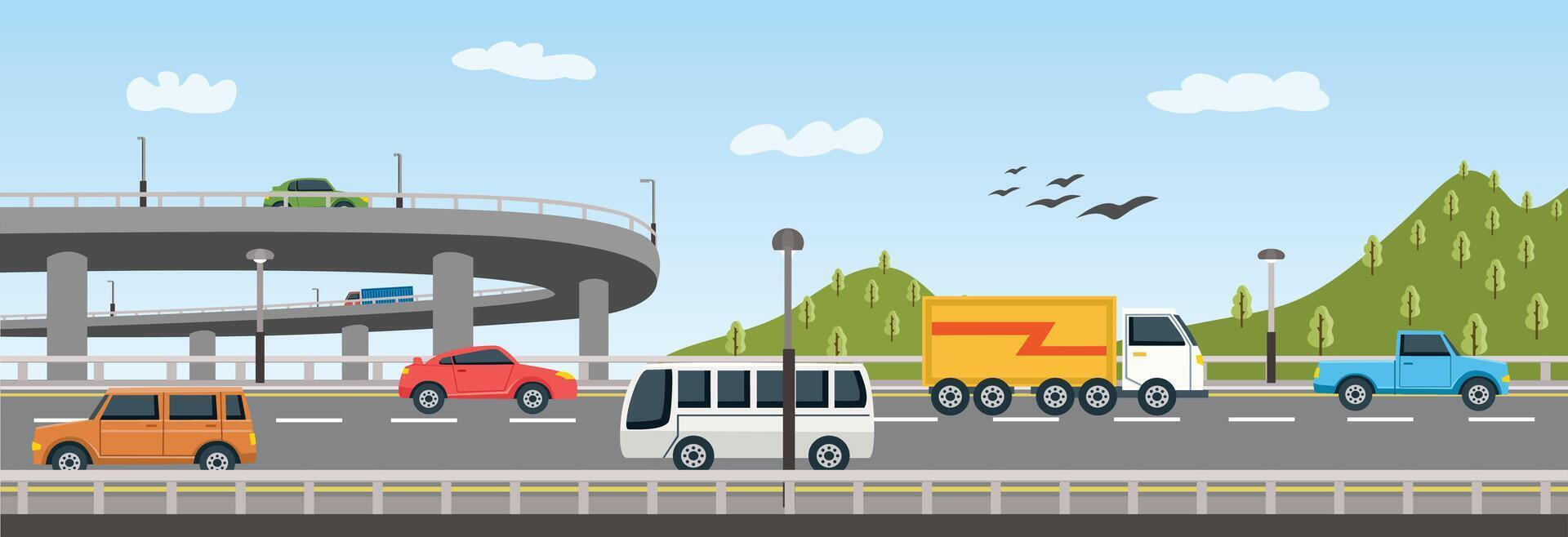 Flyover landscape. Highway illustration. Road trip landscape. Road landscape with mountain view. Truck delivery service. Highway drive with beautiful landscape. vector