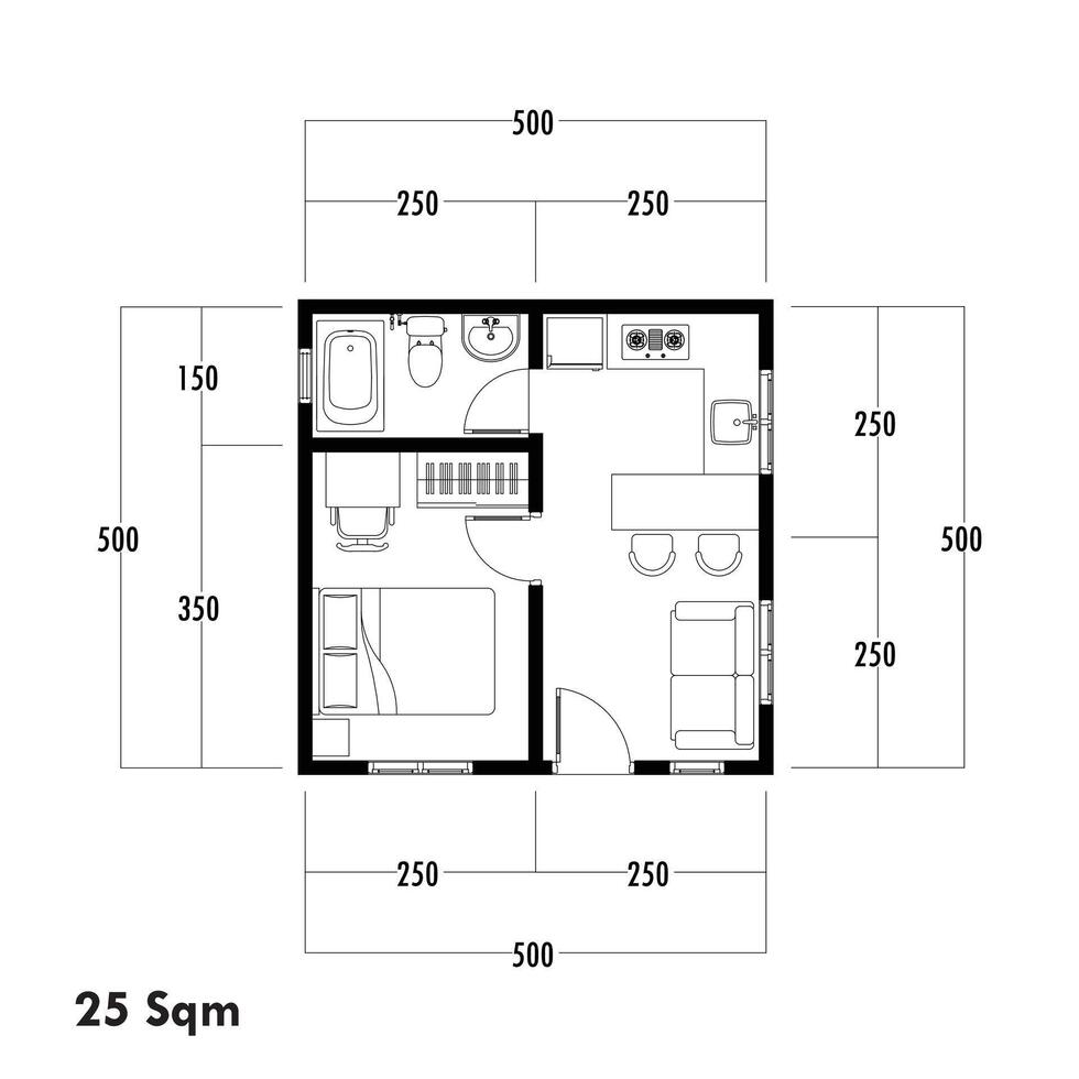 Floor plan blueprint type 25 sqm, Figure of the jotting sketch of the construction and the industrial skeleton of the structure and dimensions. vector