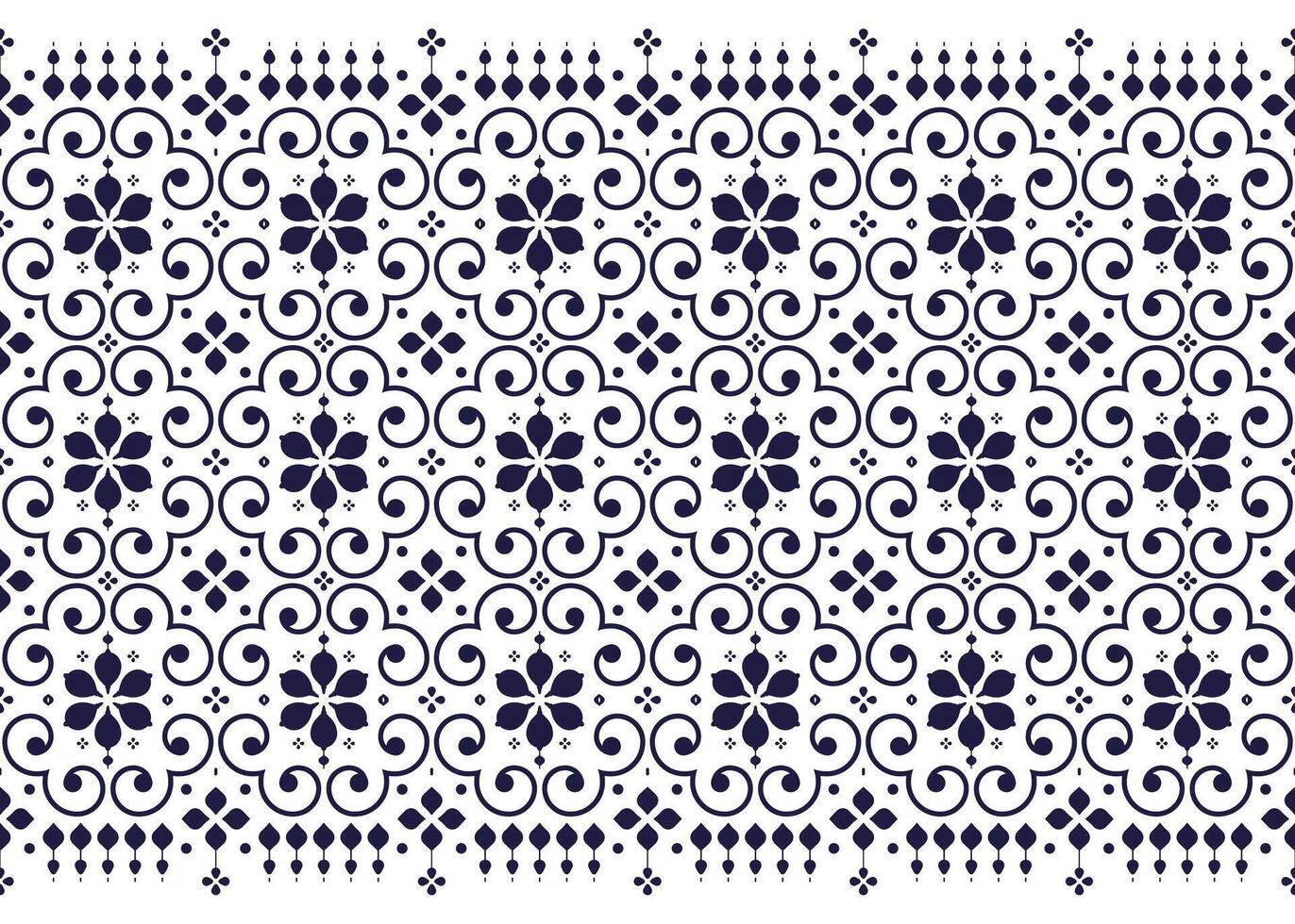 dark blue geometric and floral ethnic fabric seamless pattern on White background, design for cloth, carpet, batik, wallpaper, wrapping etc. vector