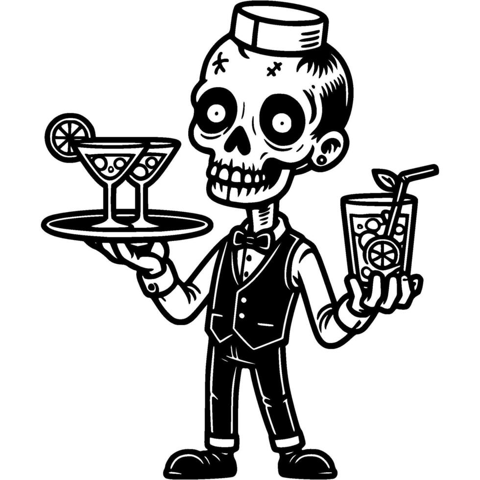 Waiter in a zombie costume carries cocktails on a tray in monochrome. Simple minimalistic image in black ink drawing on white background vector