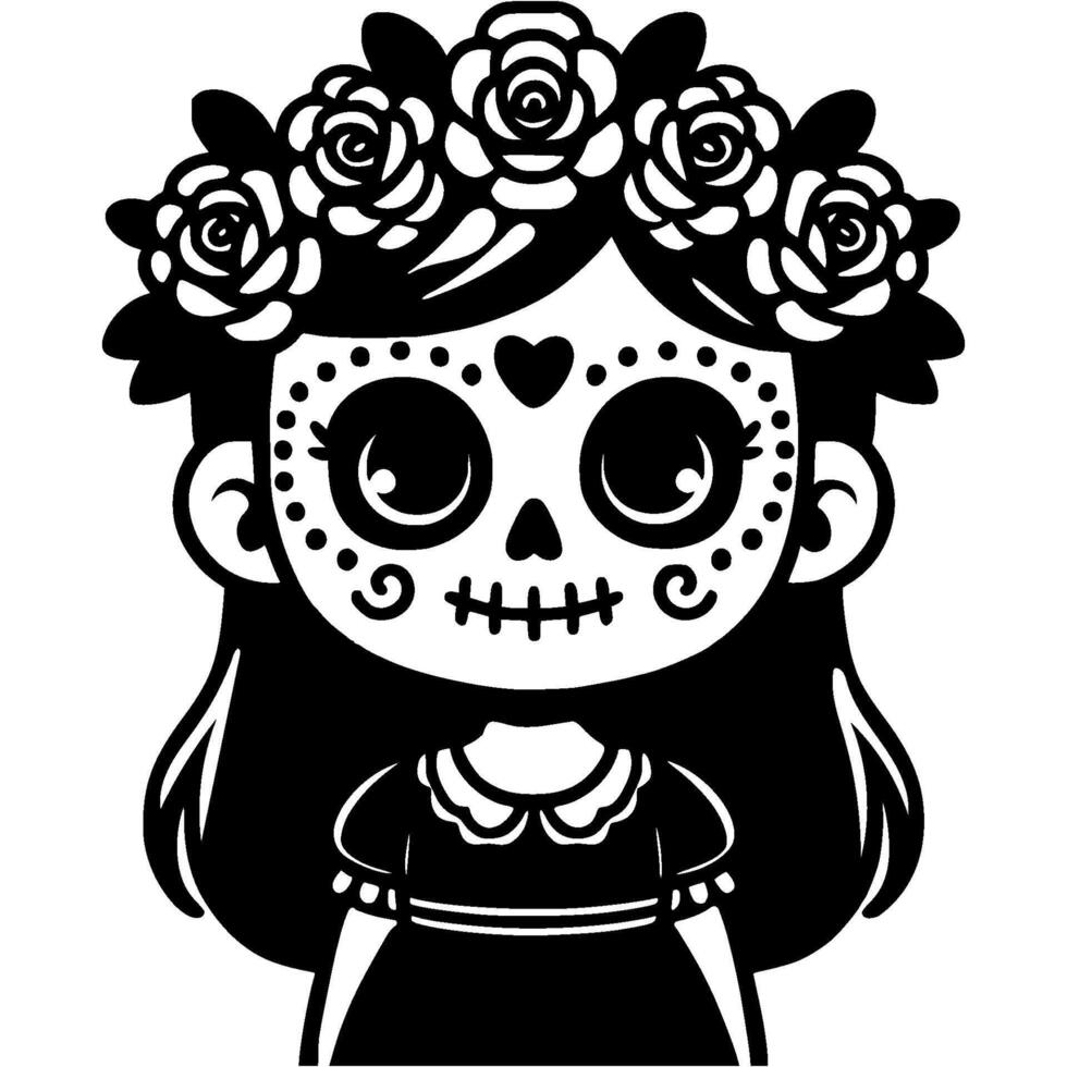 Portrait of Mexican girl with traditional holiday makeup and flower crown on her head in monochrome. Simple minimalistic image in black ink drawing on white background vector
