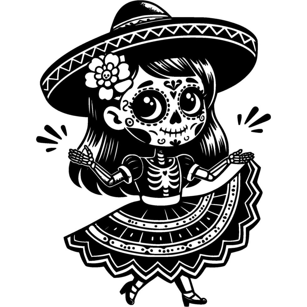 Mexican girl in traditional costume with wide hat on her head dancing folk dance in monochrome. Simple minimalistic image in black ink drawing on white background vector