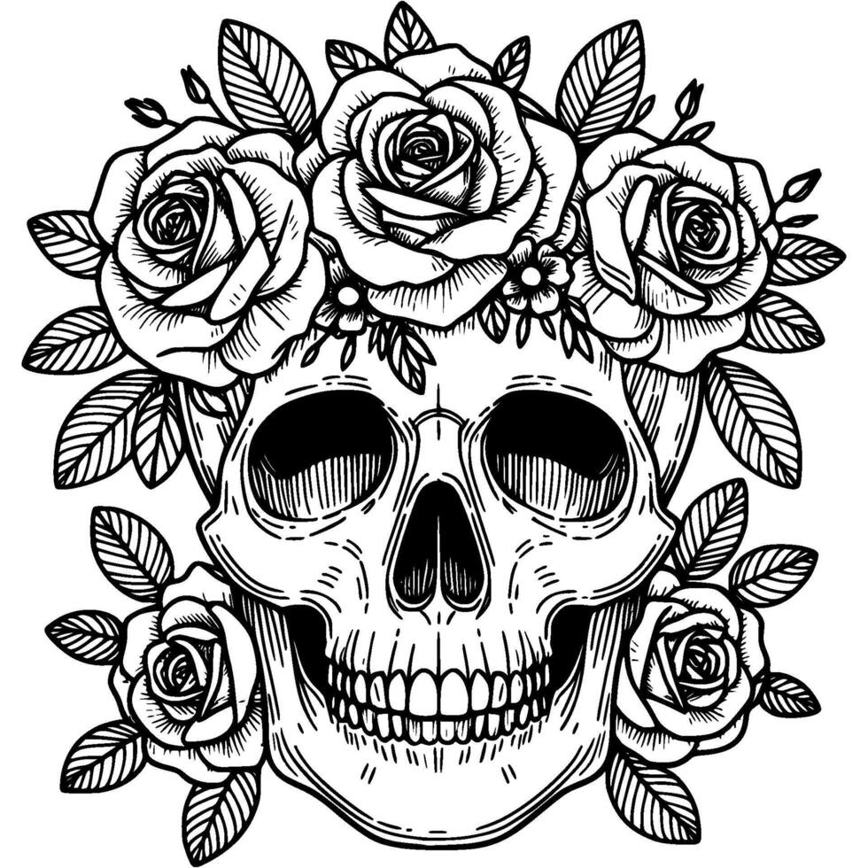 Human skull decorated with a wreath of roses in monochrome. Simple minimalistic image in black ink drawing on white background vector