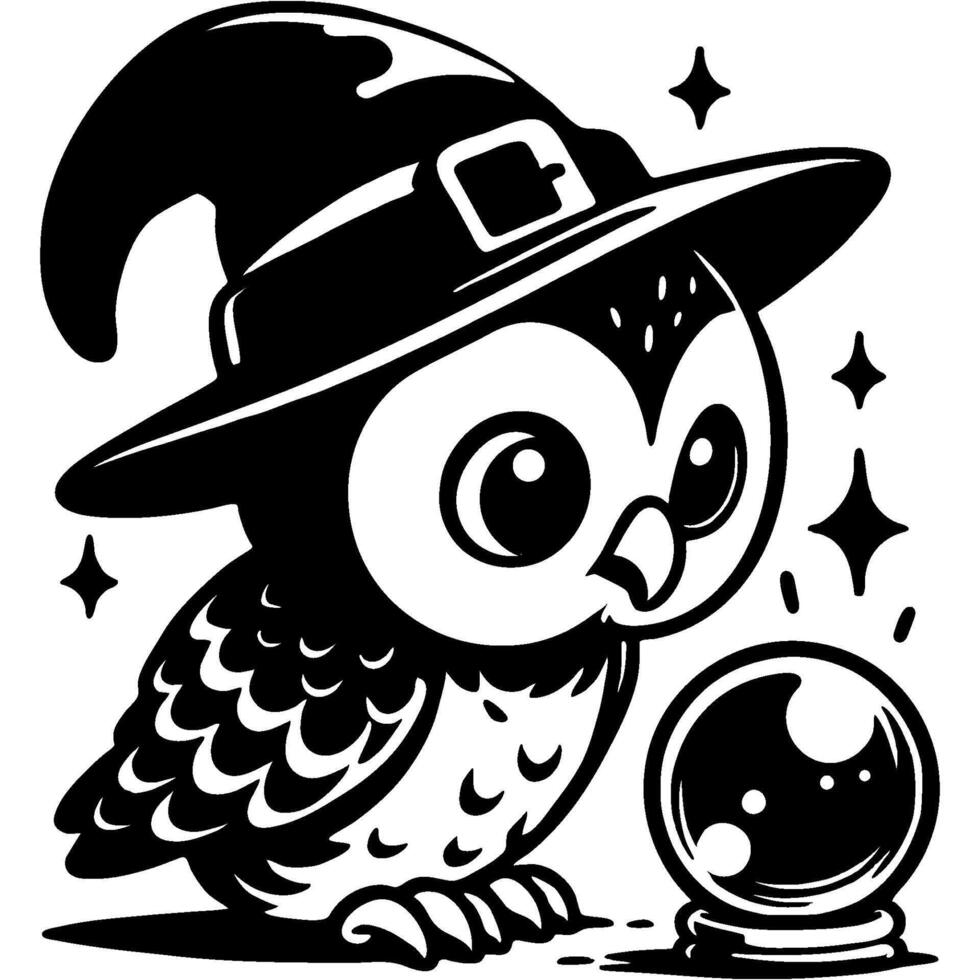 Owl with sorceress hat on its head looks into a crystal ball in monochrome. Simple minimalistic image in black ink drawing on white background vector
