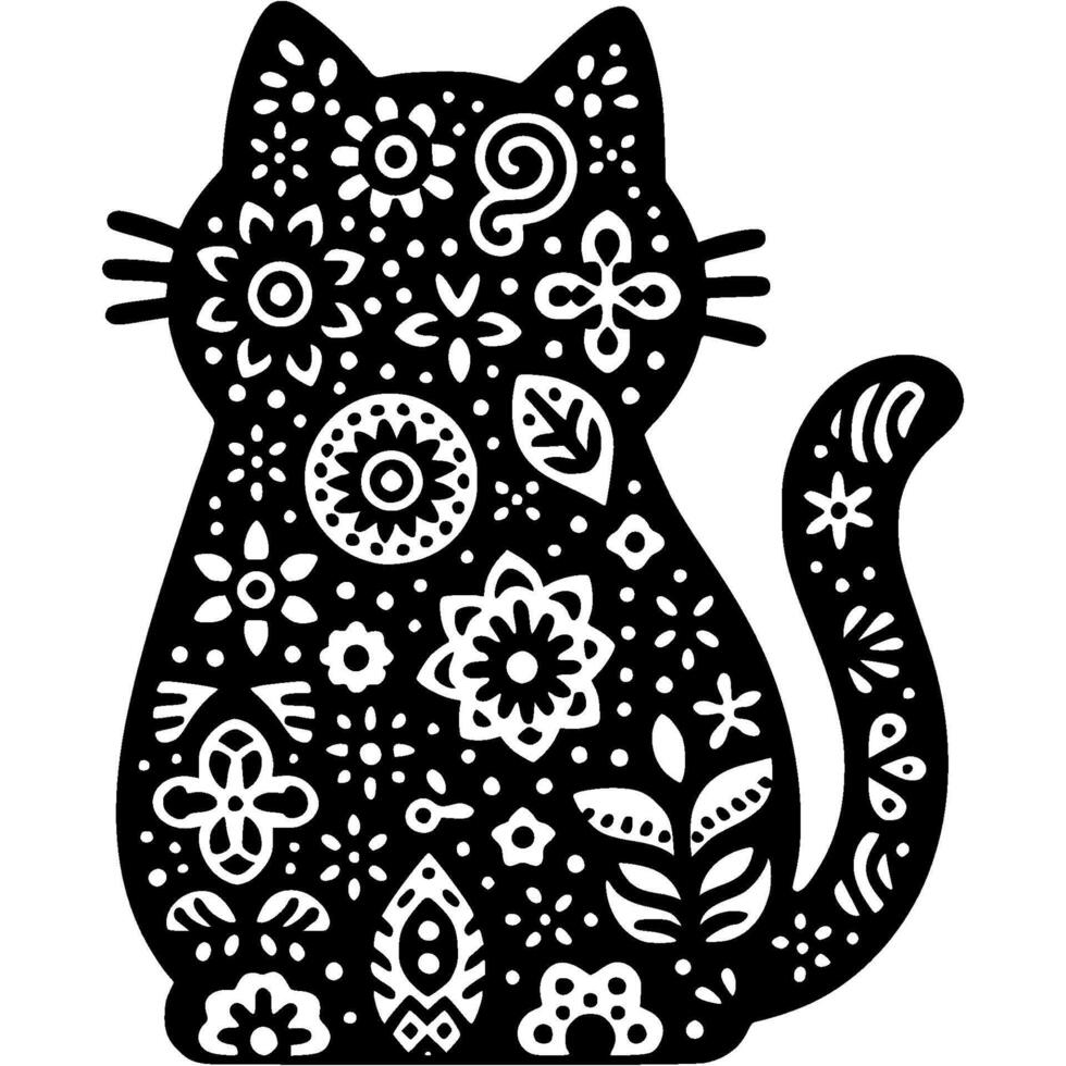 Silhouette of a sitting cat figurine decorated with a floral Mexican pattern in monochrome. Simple minimalistic image in black ink drawing on white background vector