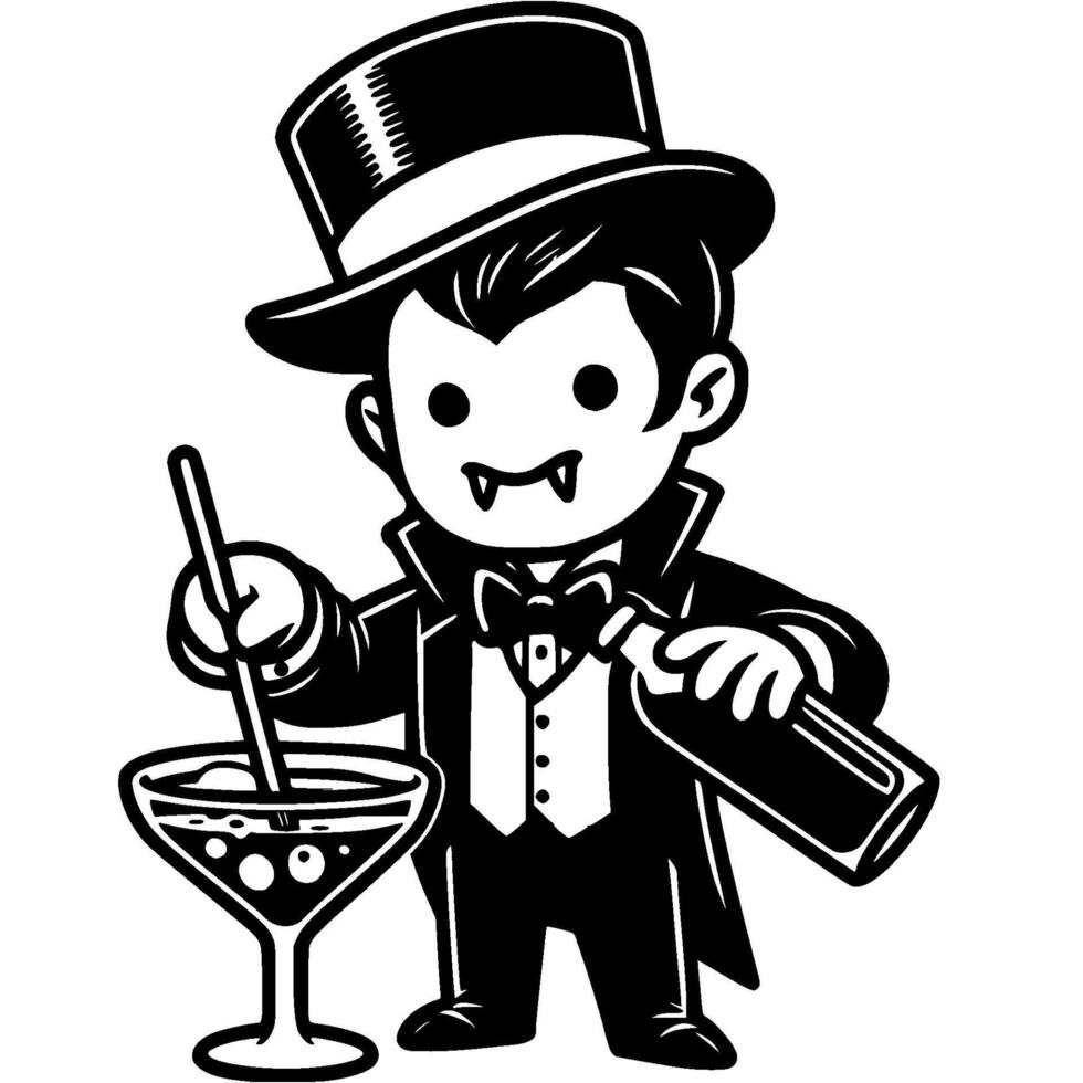 Bartender in a vampire costume prepares cocktail in monochrome. Simple minimalistic image in black ink drawing on white background vector