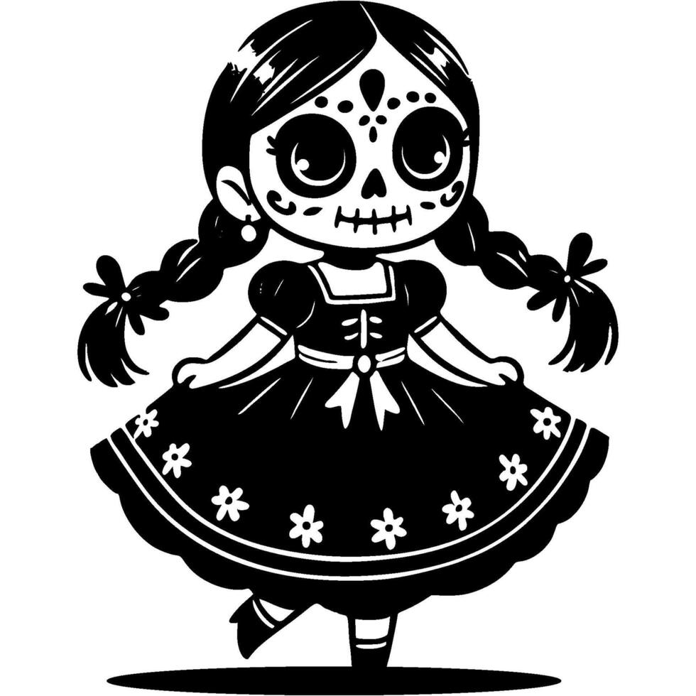 Girl in traditional Mexican dress with festive skeleton makeup on her face dancing at a festival in monochrome. Simple minimalistic image in black ink drawing on white background vector