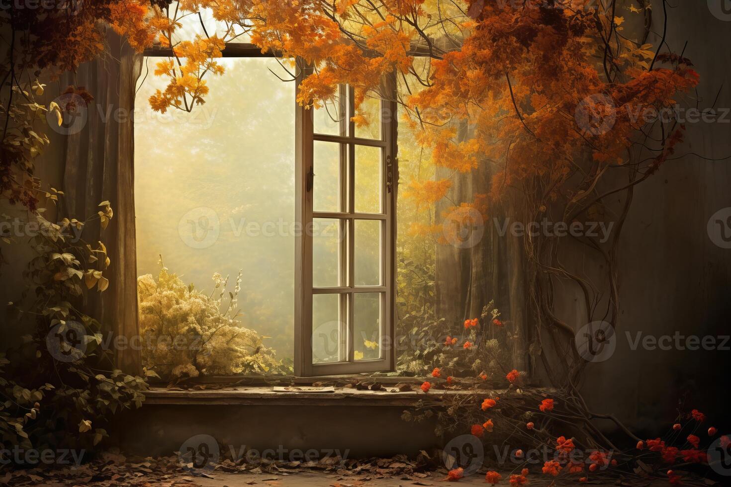 Enchanted autumn room with open window view photo