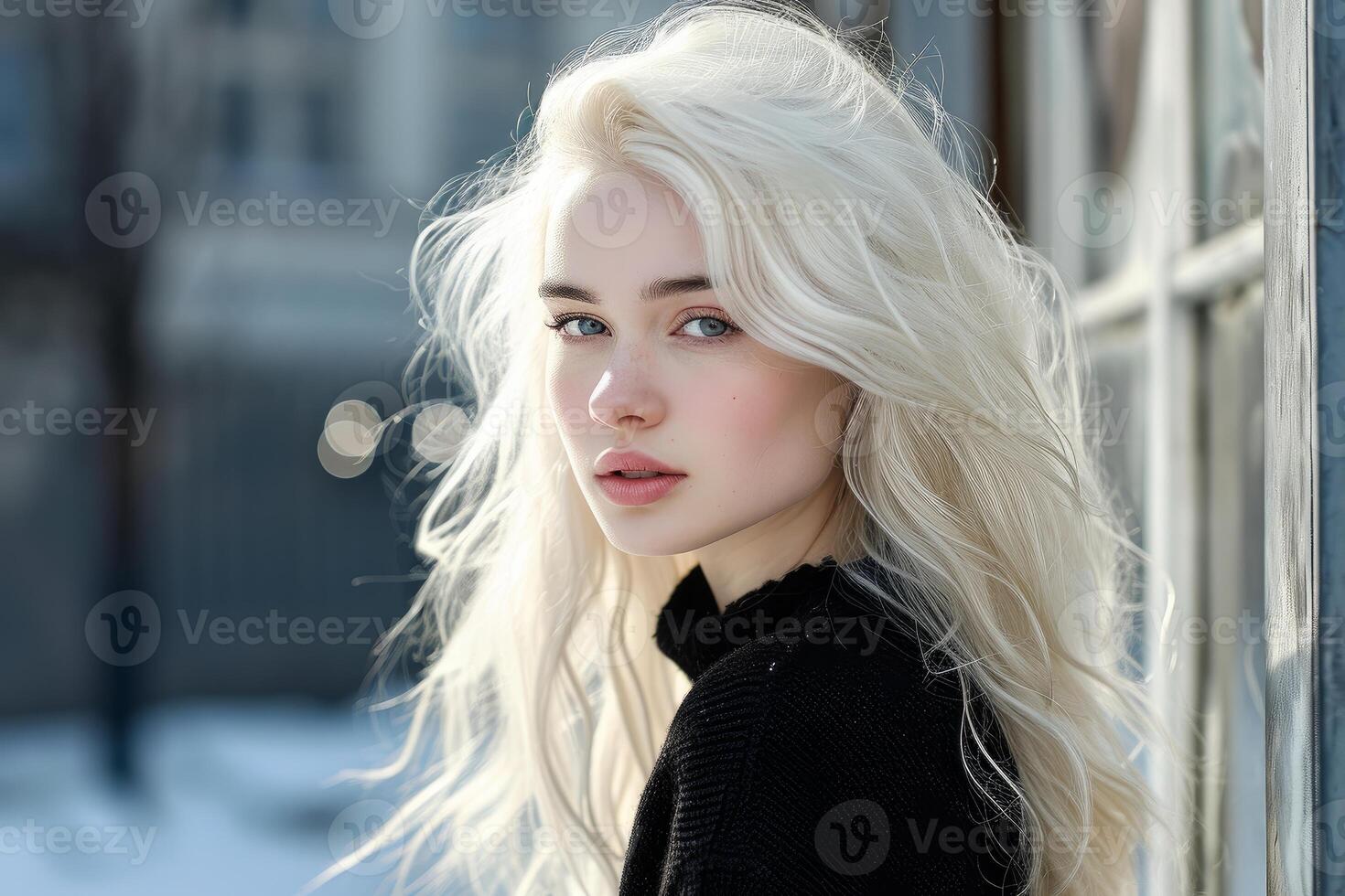 Ethereal woman with blonde hair posing in a snowy urban setting photo