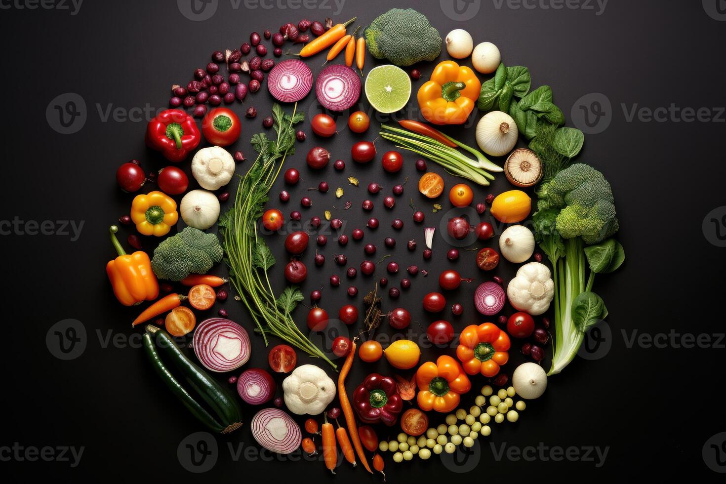 Colorful variety of fresh vegetables and fruits in circular array photo