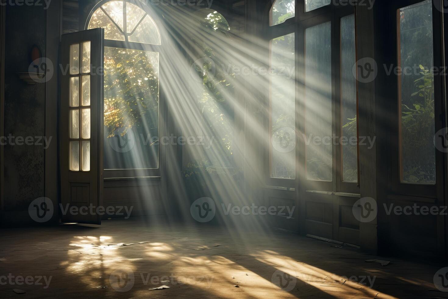 Sunlight streaming through open door in vintage room photo