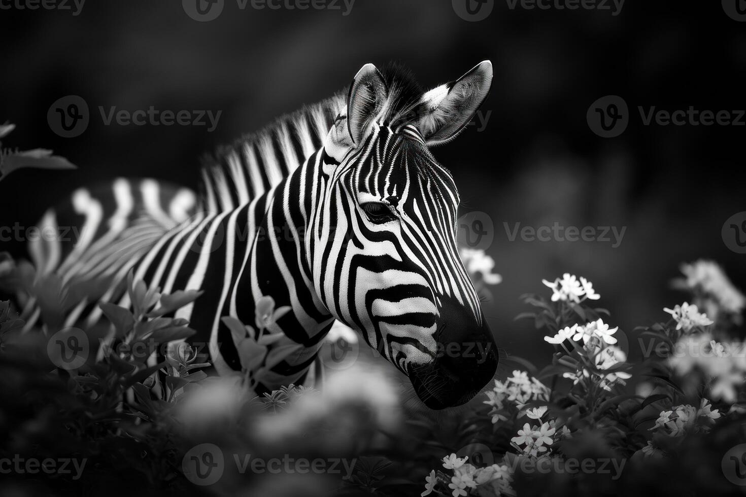 Elegant zebra amongst flowers in monochrome photo
