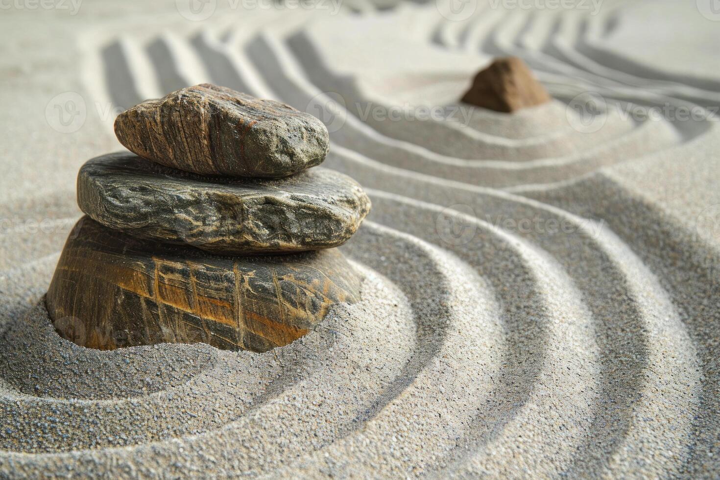Zen stones on raked sand with circular patterns photo