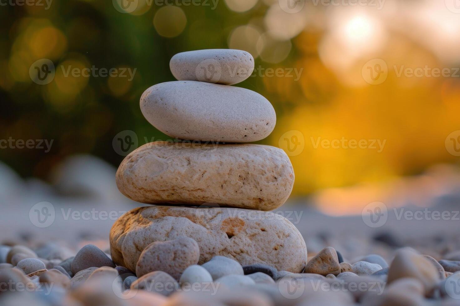 Zen stones balanced at sunset photo