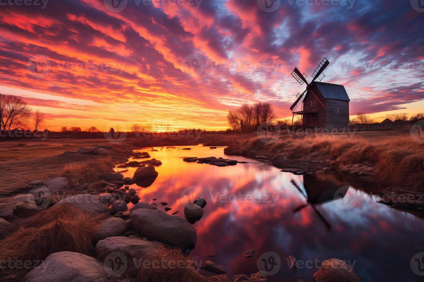 Majestic sunset at rustic windmill by river photo