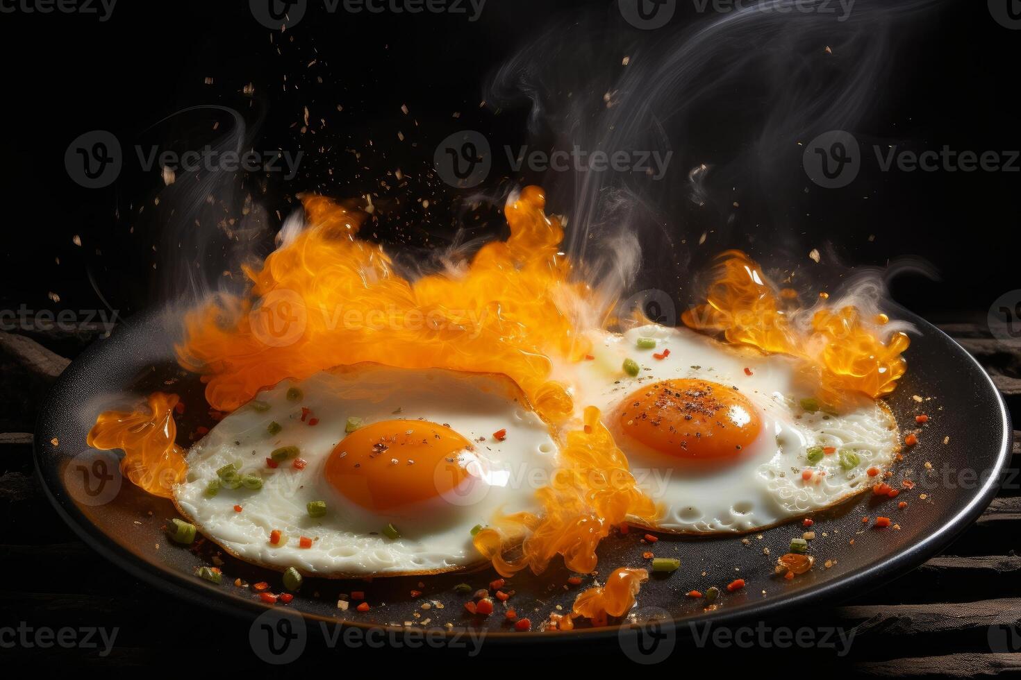 Flaming sunny side up eggs on pan photo