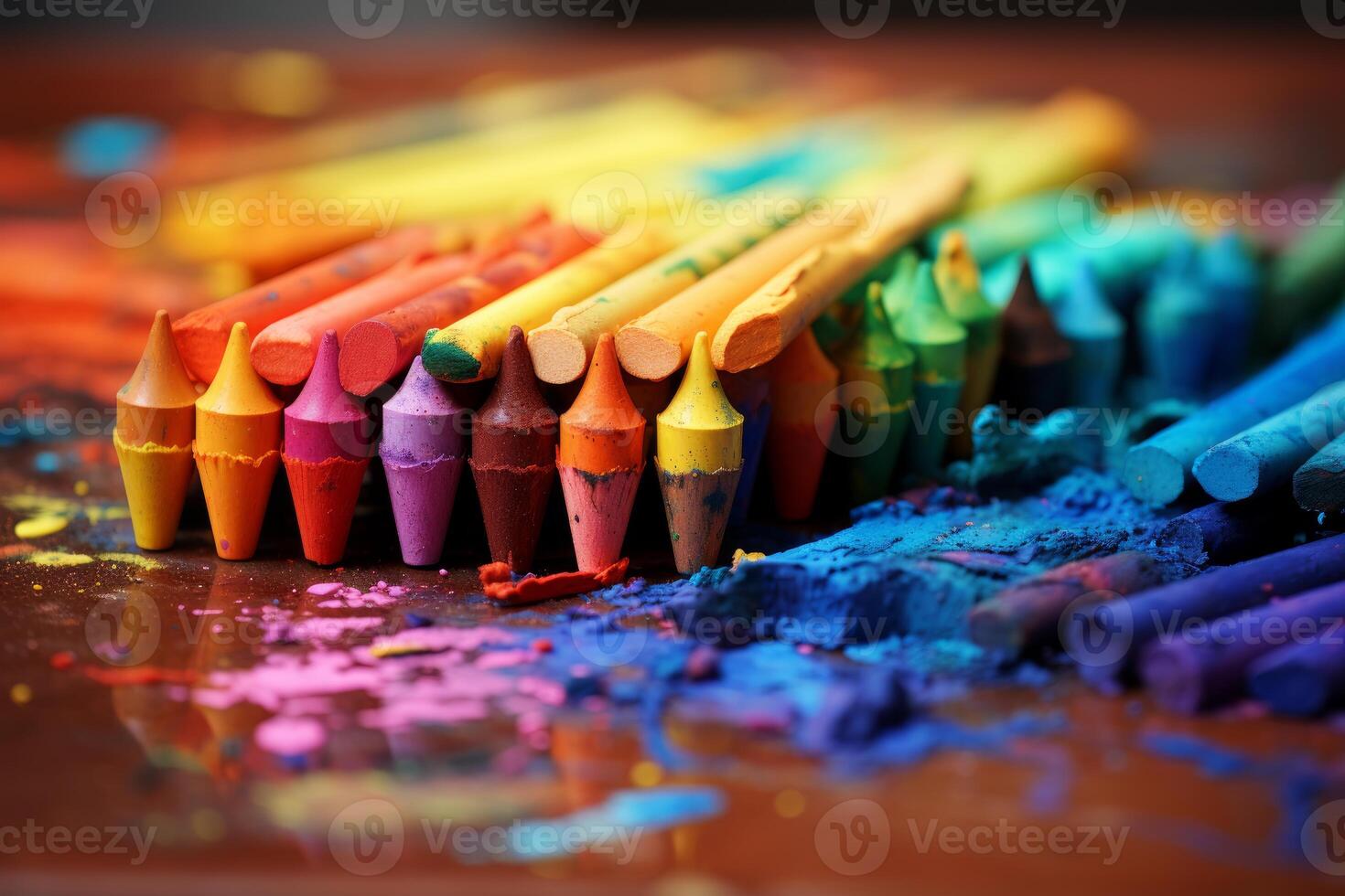 Vibrant array of broken crayons and pastels photo