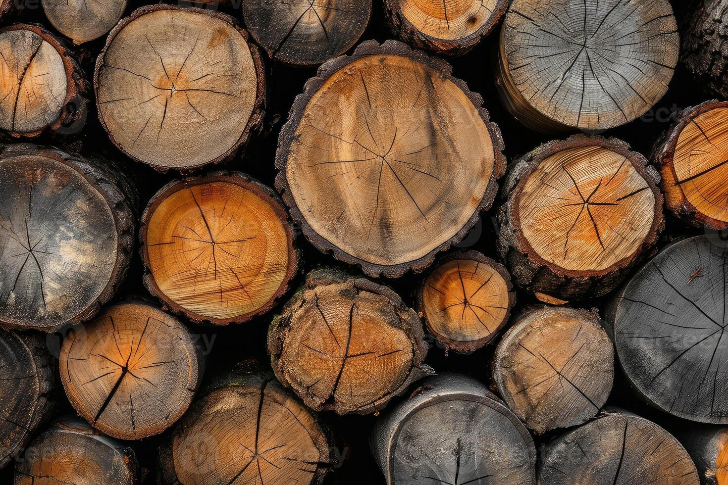 Cross-section of wood logs stacked together photo