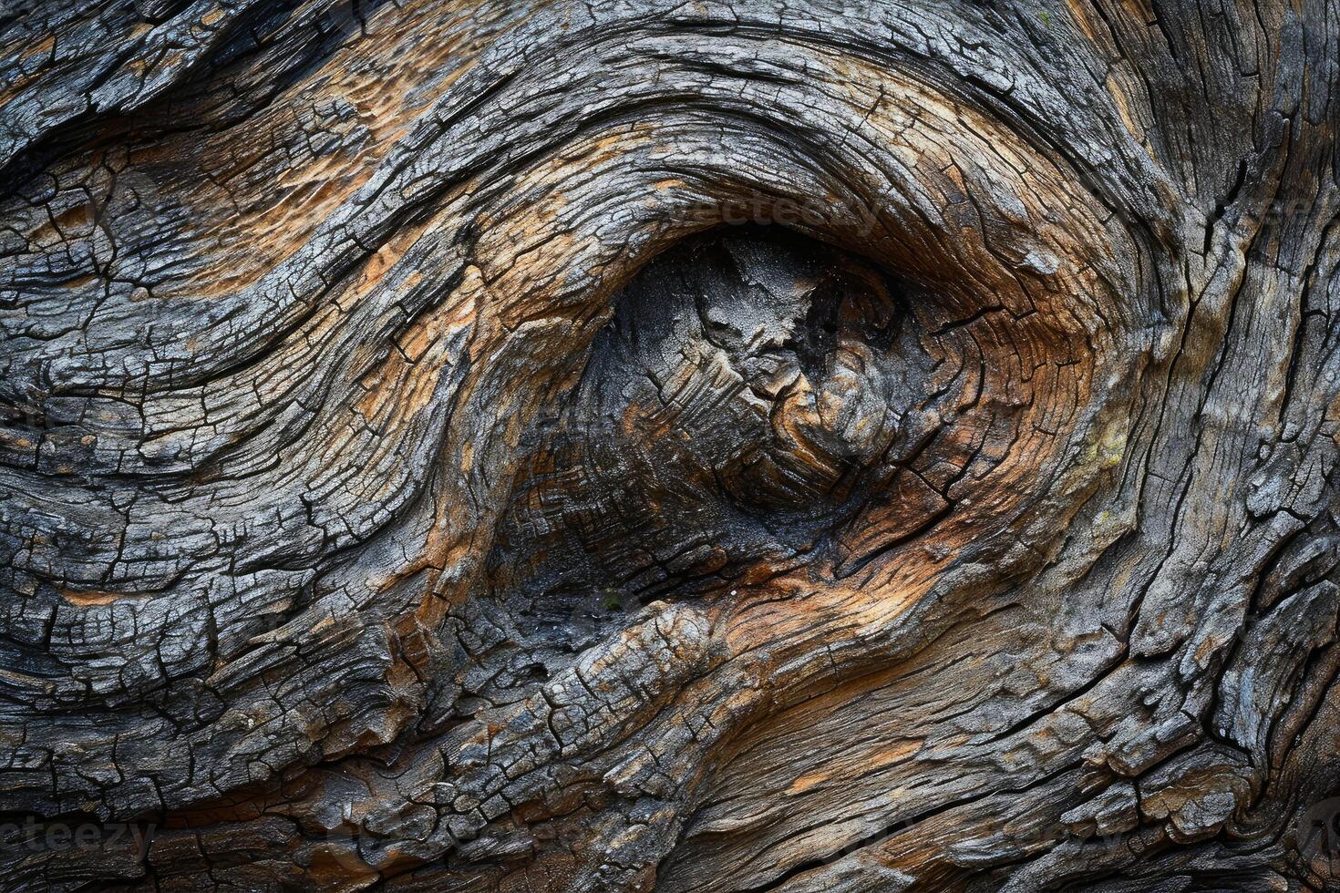 Detailed shot of a weathered tree knot with intricate wood grains and patterns photo