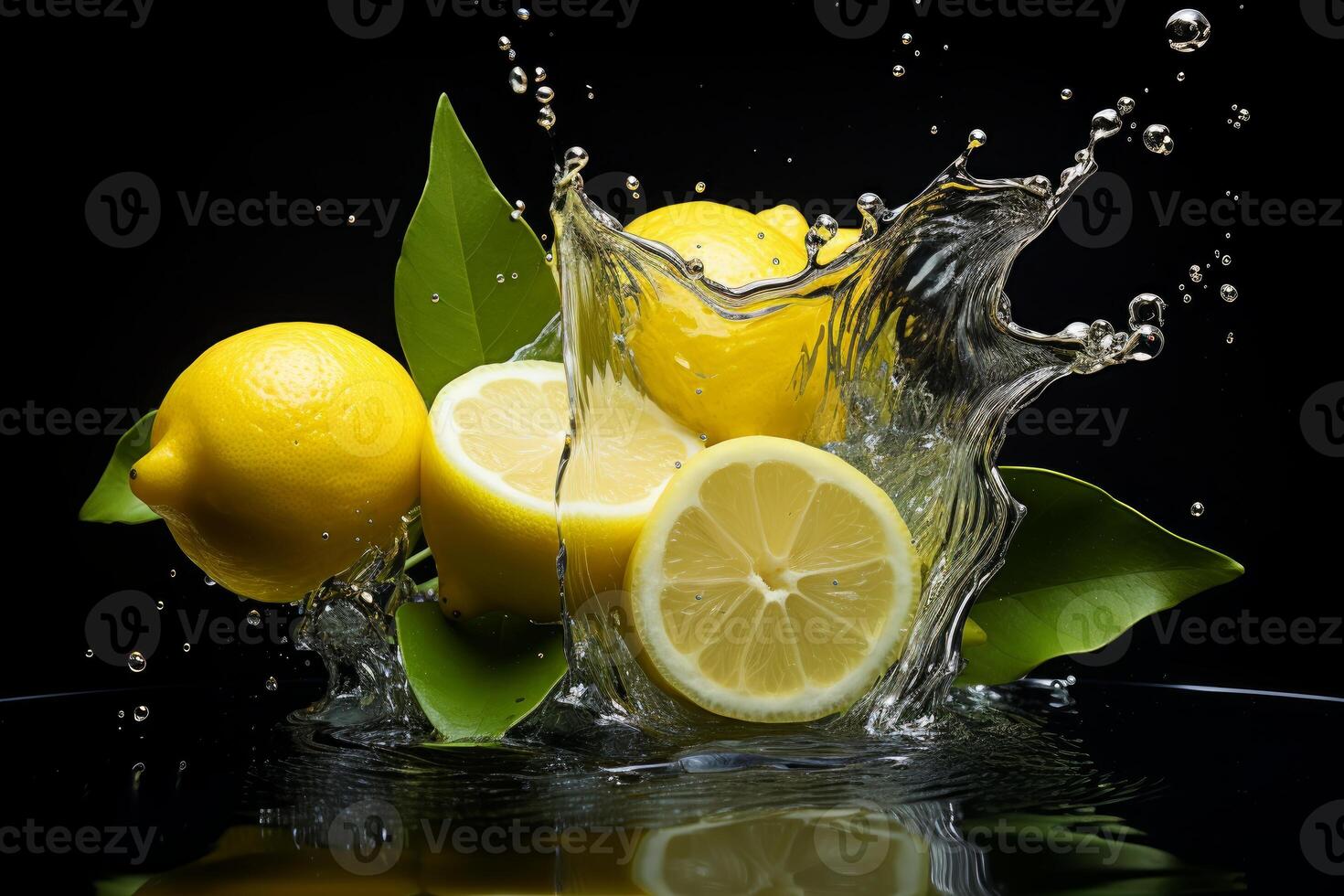Fresh lemons splashing in water on black background photo