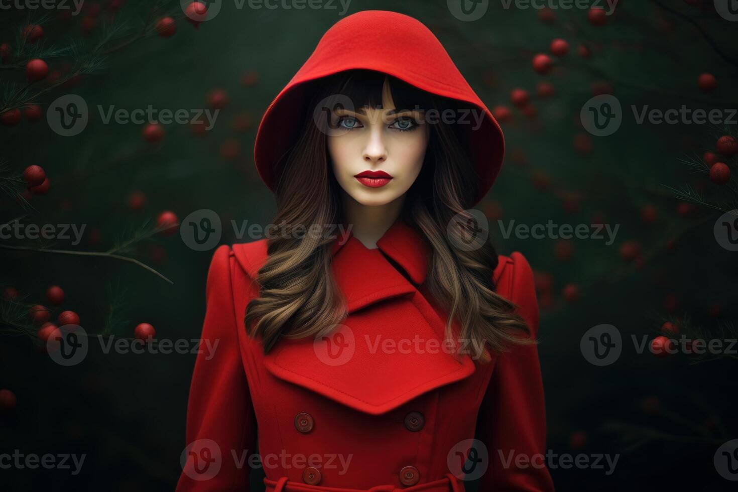 Mysterious woman in red cloak with berry bush background photo