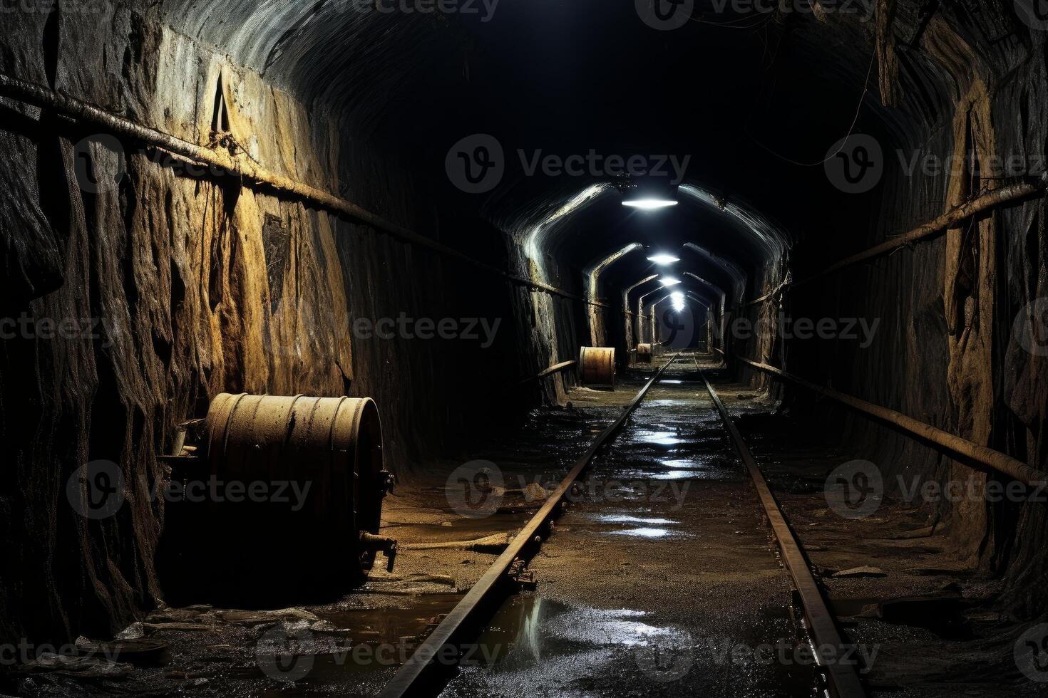 Abandoned mine tunnel with railway tracks photo