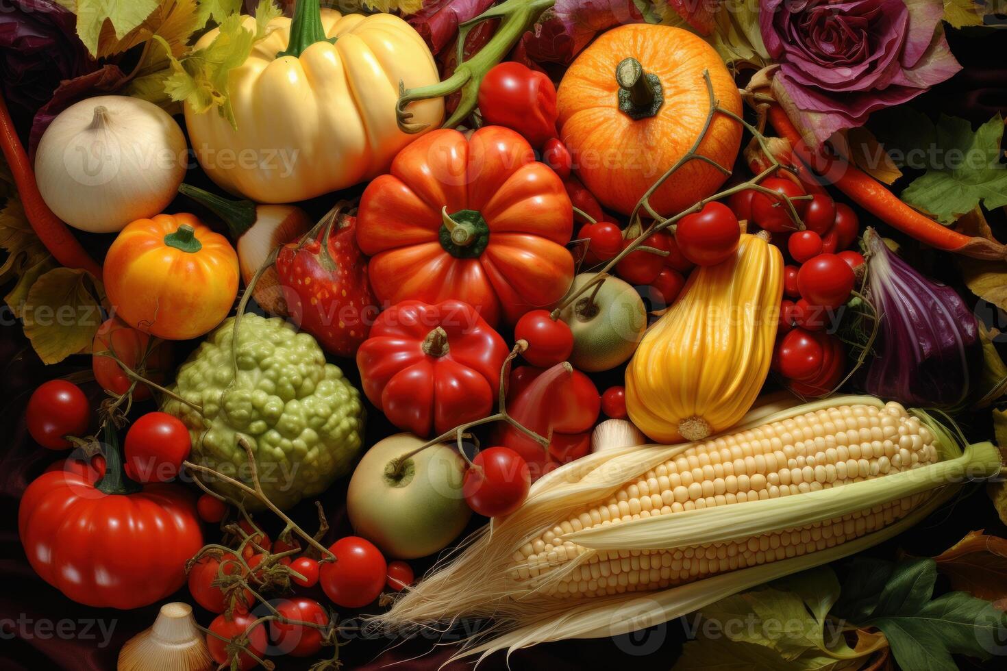Array of fresh, colorful autumn vegetables and fruits, perfectly arranged for a seasonal background photo