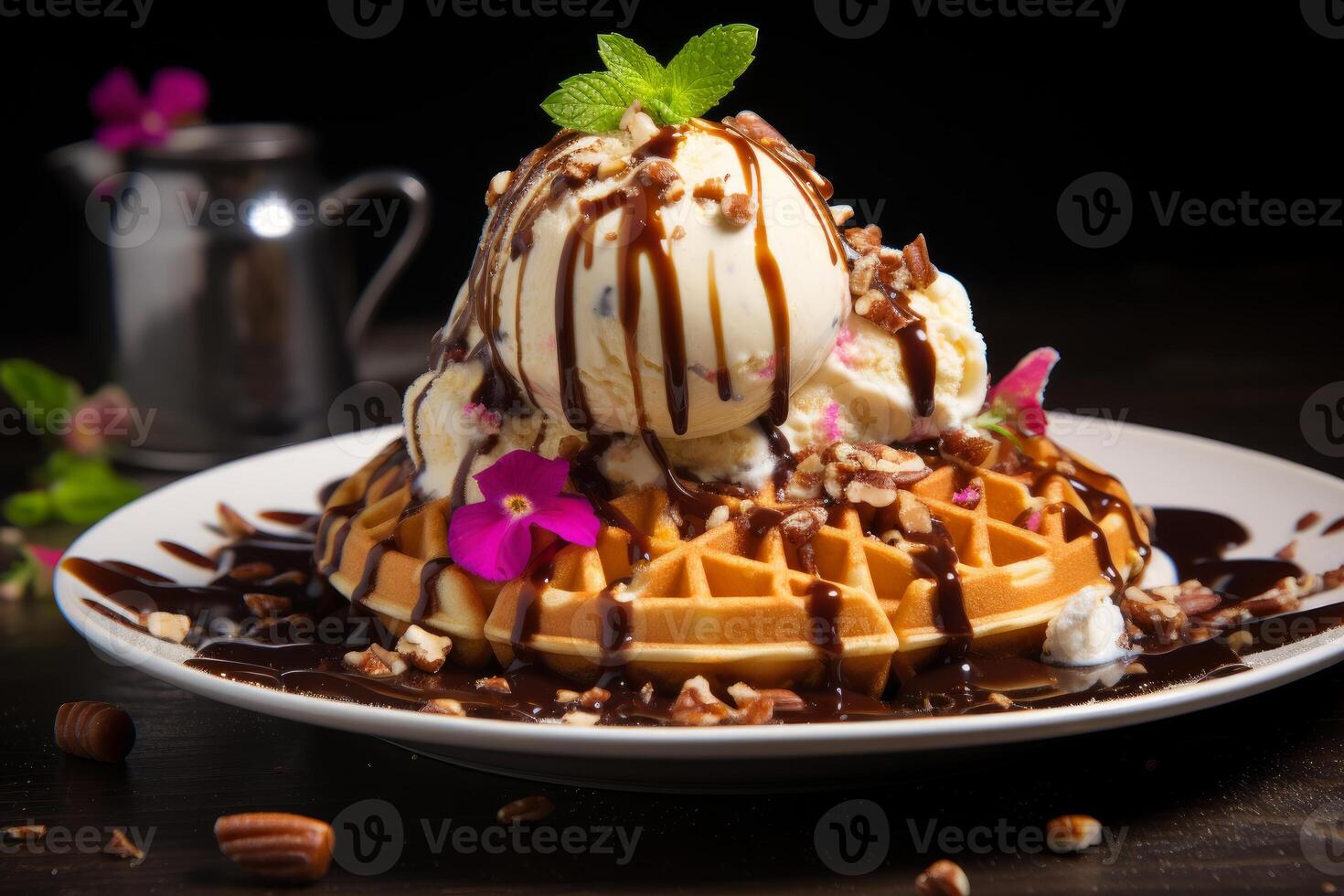 Gourmet waffle with ice cream and chocolate drizzle photo