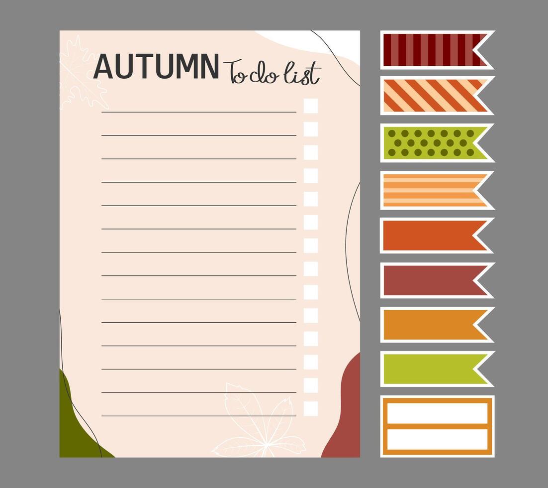 Template of Autumn to do list and stickers in a cozy fall palette. Illustration for agenda, planner, checklist, book, note, memo, card and other stationery. Layout in A4, A5, A6. vector