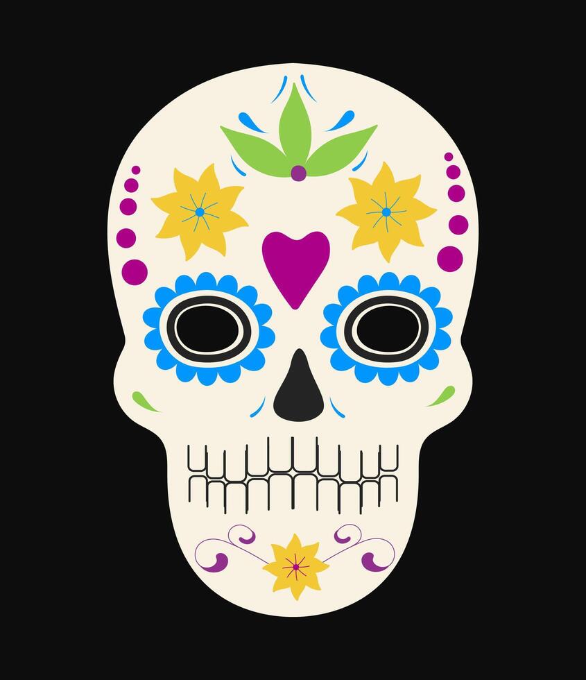Skull mask with floral ornament. Day of the Dead. Dia de los muetros. Element for design isolated on black background. vector