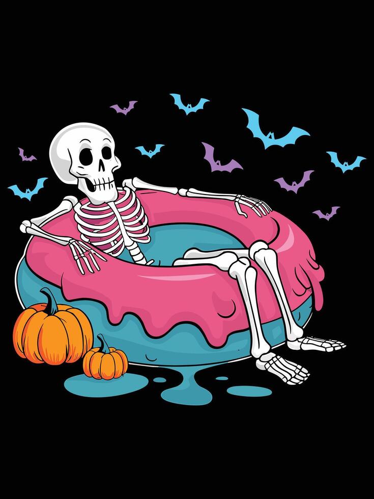 Skeleton relaxing on a water tube, Halloween skeleton vector