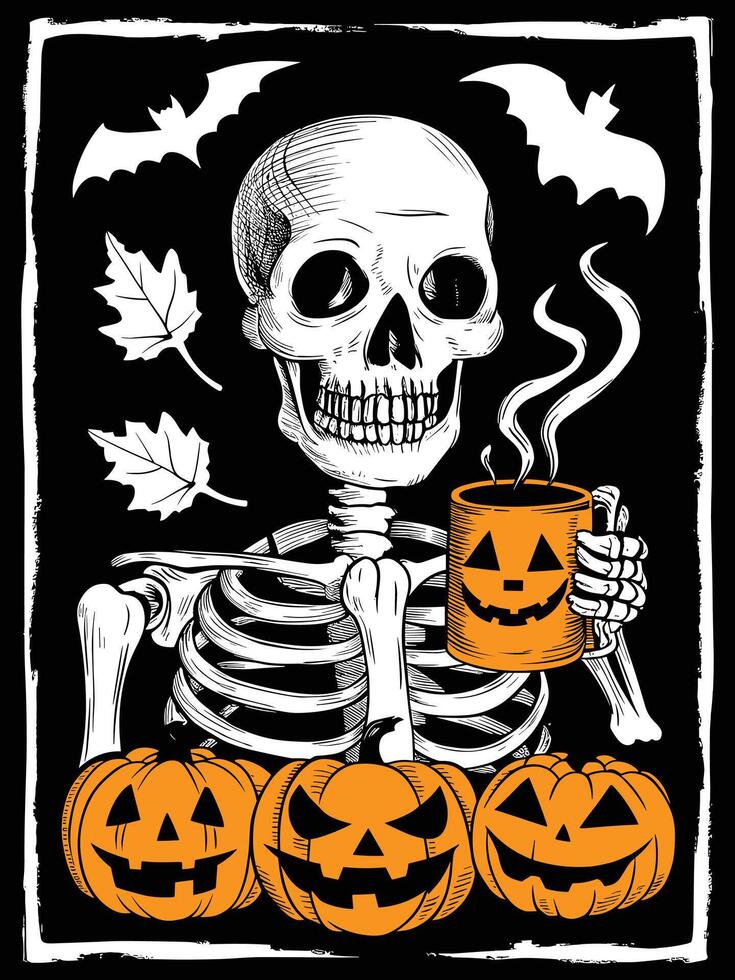 Skeleton drinking coffee on a Halloween pumpkin smile face mug vector