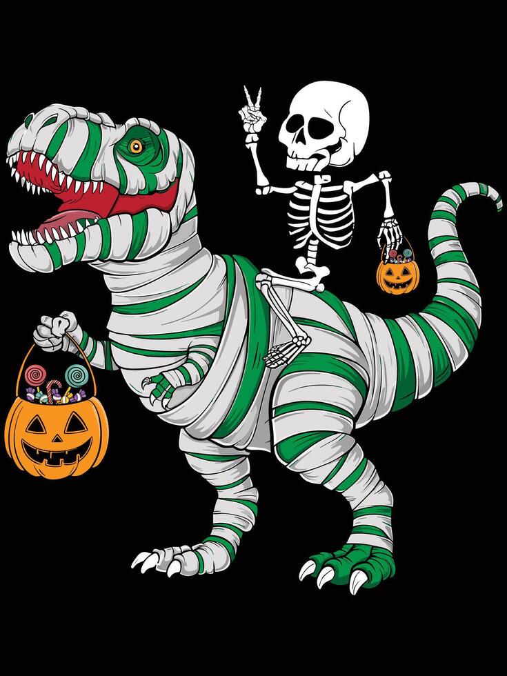 skeleton riding a t-rex with a jack-o-Lantern. V sign vector